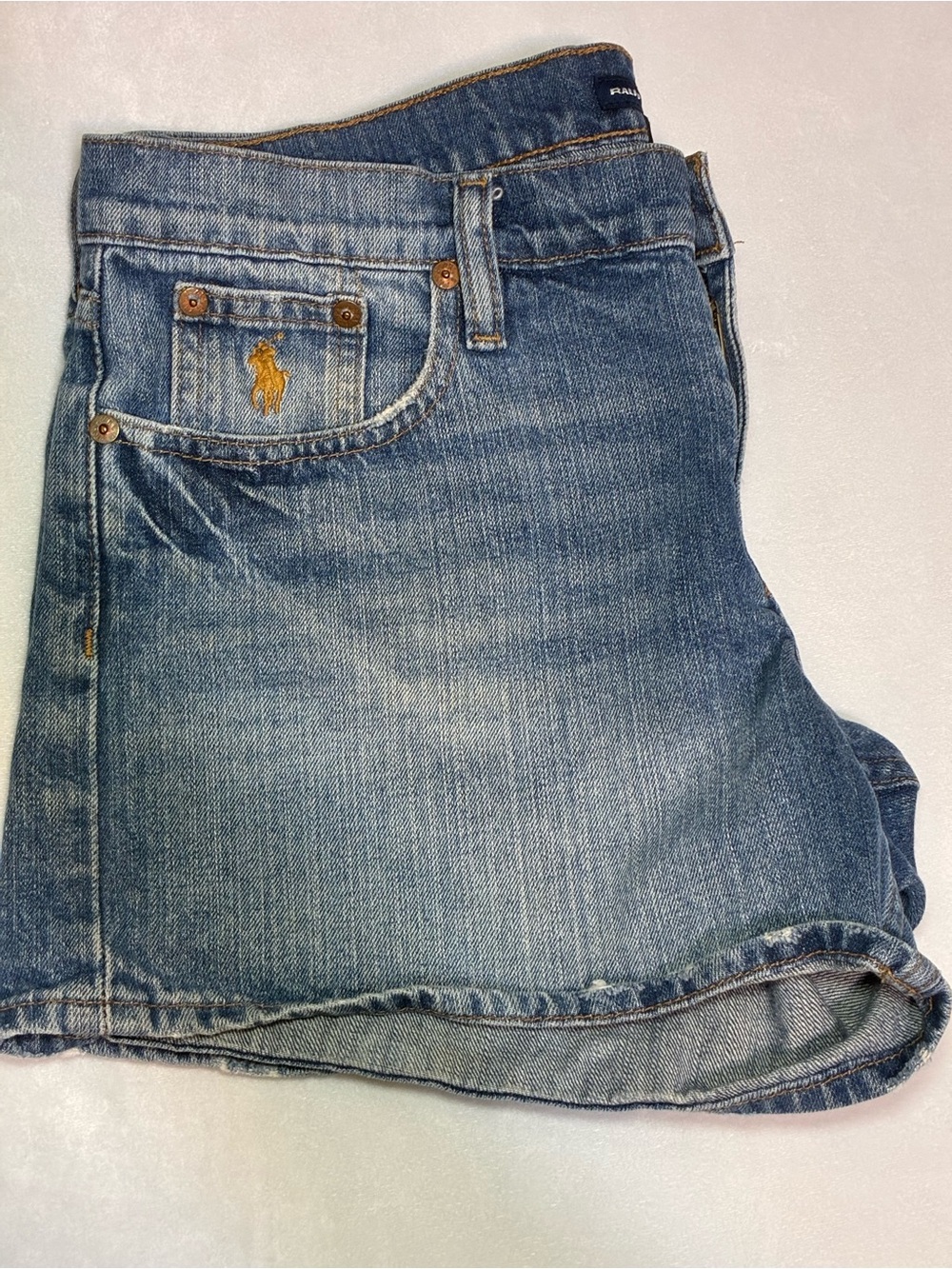 Ralph Lauren Faded Blue Denim Jean Shorts with Gold Pony Stitch